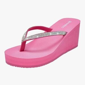 Ampeo Pink Silver Wedge Rhinestone Platform Flip Flops Sandals Y2K